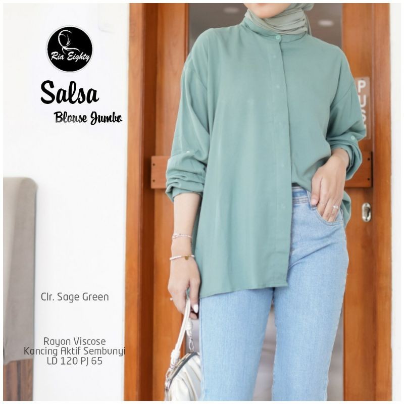 Sage green Salsya blouse Jumbo / OVERSIZE kemeja polos Ld 120 fit to XXXL By Riaeighty