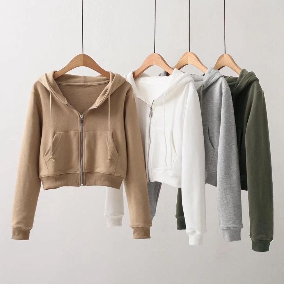 	 Sweater Hoodie Jaket Basic Croptop Zipper Resleting Wanita Fashion	