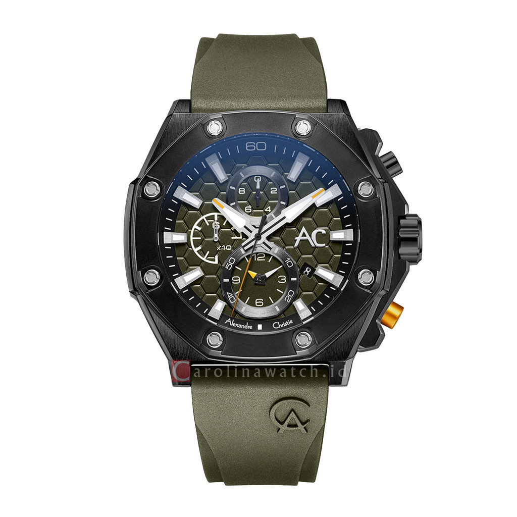 Jam Tangan Pria Alexandre Christie Chronograph AC 9601 MCRIPGN Black Dial Green Rubber Strap