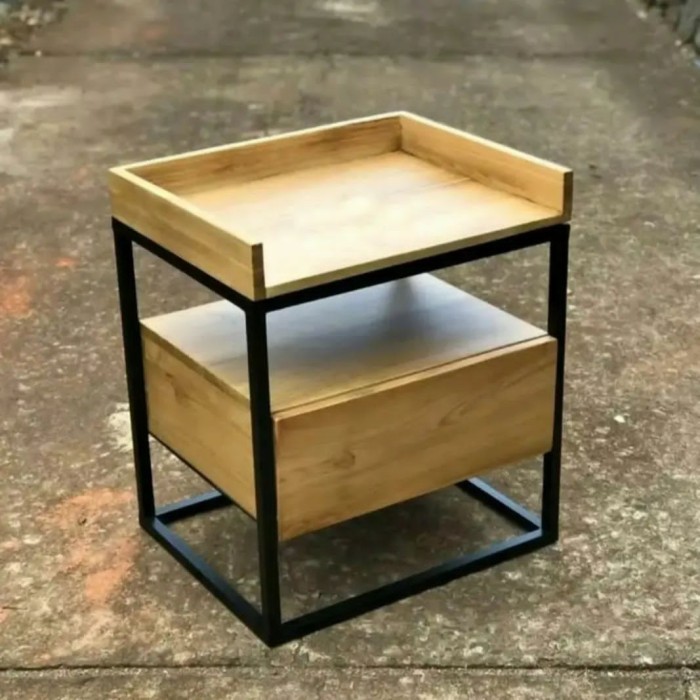 bed side table nakas kombinasi besi, meja nakas lampu laci kayu besi | Mebel Jepara