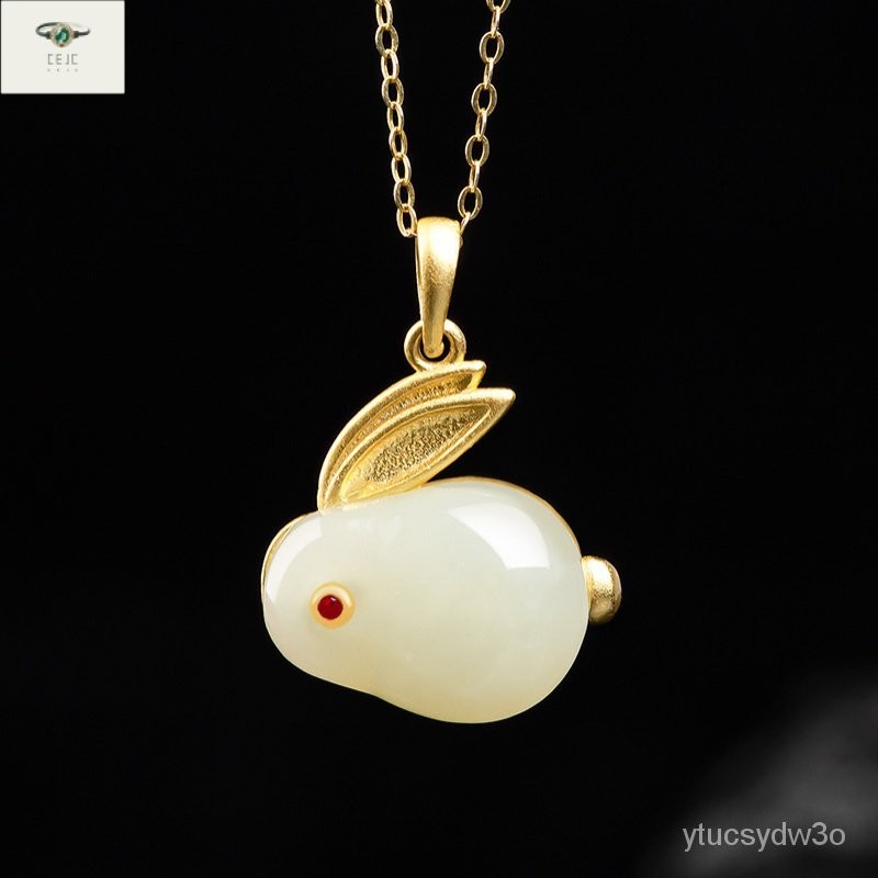 Kelinci Giok Putih Hetian Jade Material LamaS925Perak Barang Asli Liontin Giok Alami Wanita Kalung O