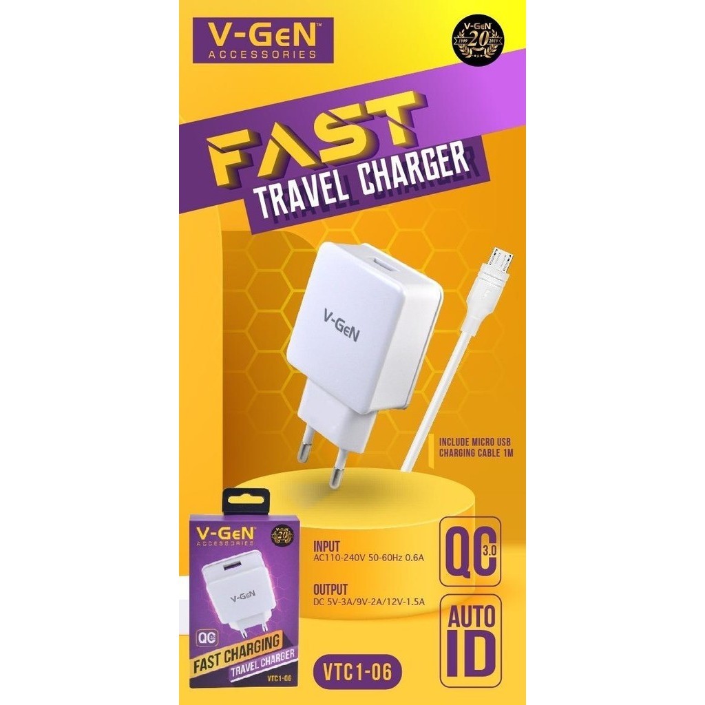 Adaptor Charger V-Gen Vtc1-06 Fast Charging Qc 3.0 Travel Charger 18W