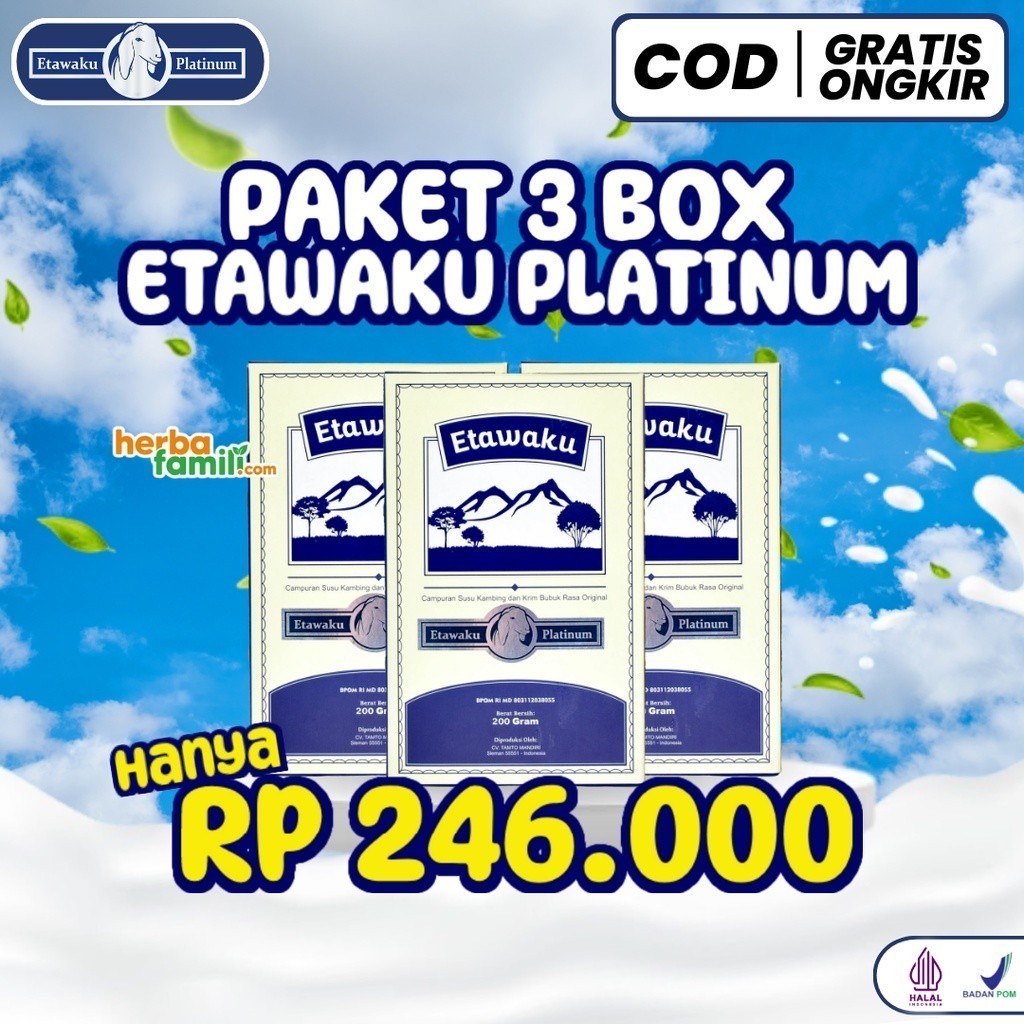 

PAKET 3 BOX ETAWAKU PLATINUM | SUSU KAMBING ETAWA & KRIMER NABATI BUBUK 200 gr / SUSU KUALITAS PREMIUM LOW SUGAR