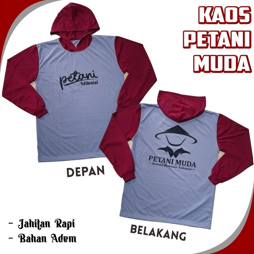 Kaos Petani Muda Caping Basahan Kerja Petani Lengan Panjang Berkudung / Kupluk / Topi