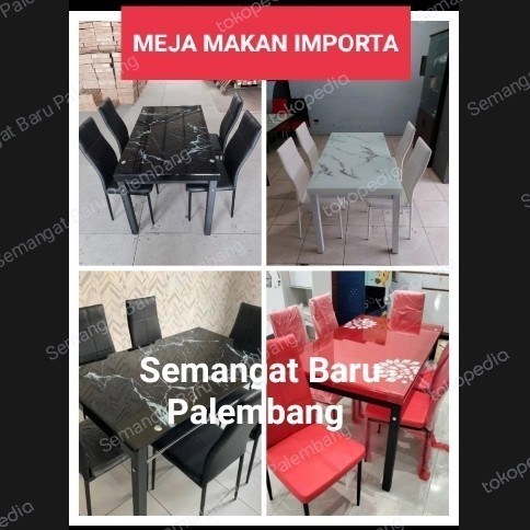,,,,,,,] Meja Makan Kaca Motif marbel Minimalis marble - merk Importa jok kulit