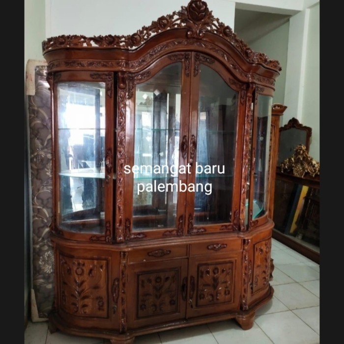 :=:=:=:=] Lemari Kaca Hias Kayu Jati Jepara 4 pintu Ukiran Paloma Pyur Mawar