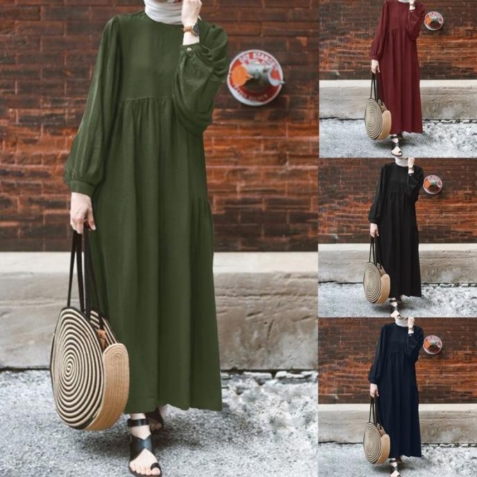 ZANZEA Muslim Wanita Kemeja Panjang Gaun Cocktail Midi Dress Plus