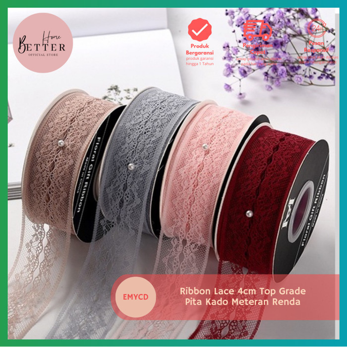 :::::::] Ribbon Lace Pearl 4cm Top Grade / Pita Kado Meteran Renda Mutiara