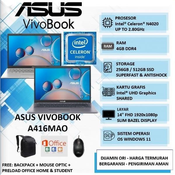 YANG BARUUU LAPTOP ASUS VIVOBOOK A416MAO INTEL N4020 RAM 4GB SSD 512GB 14" FHD WIN11+OHS