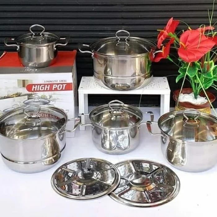 Panci Set Steamer High Pot Tutup Kaca 5 Pics / Kukusan