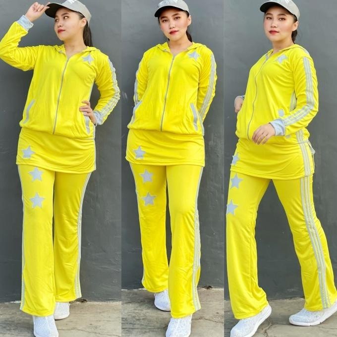 Baju Senam Aerobik Setelan Olahraga Muslimah Rok Bintang Kuning Abu