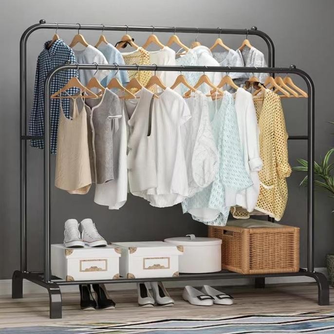 Rak Pakaian Display Ganda Gantungan Baju Berdiri Stand Hanger V6B1