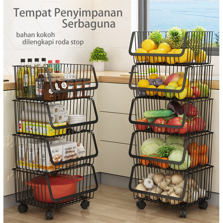 Rak Dapur Multifungsi Roda Keranjang Troli Rak Buah Sayur
