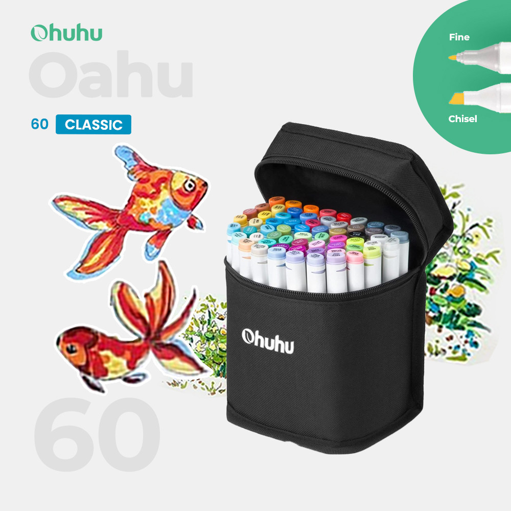 

OHUHU Oahu 60 Colors Dual Tip (Fine & Chisel) Alcohol Art Markers