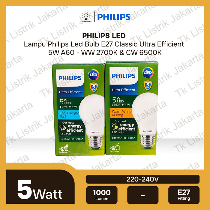 Lampu Philips Led Bulb E27 Classic Ultra Efficient 5W A60