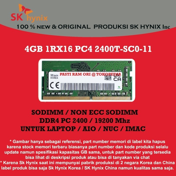 Ram Sodimm 4Gb Ddr4 Pc 2400 19200 Mhz Sk Hynix 1Rx16 For Nb Laptop