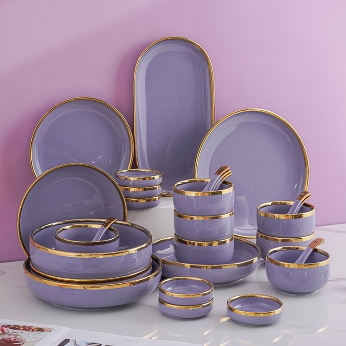 Lilac Gold Plate Set / Paket Piring Keramik Cantik Ungu Purple Emas