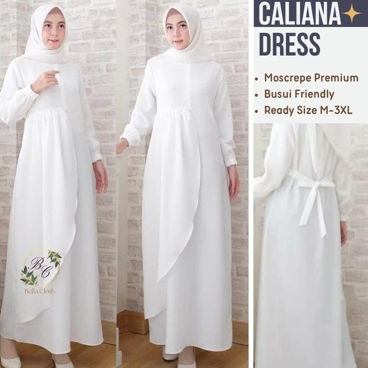 Gamis Abaya Remaja Caliana Dress Putih Korea Lebaran Baju Muslim Long Dress Umroh Ihrom Basic Hitam 