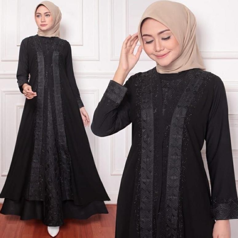 Gamis Abaya Remaja Tuey Hitam Jersey Mix Ceruty Bordir Full Black Gamis Abaya Remaja