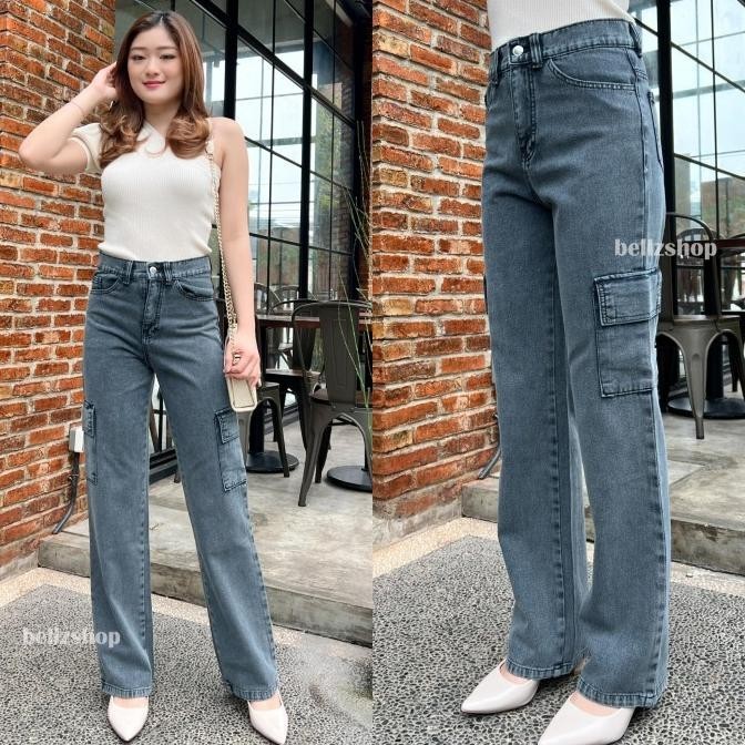 Celana Kulot Highwaist Jeans Cargo Wanita Snow Grey Premium Keira
