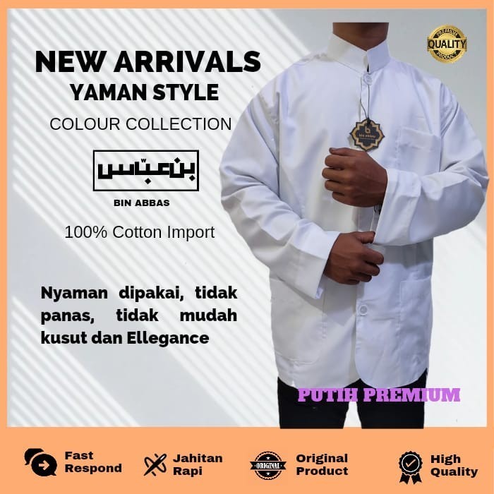Baju/Kemeja Koko Yamani Habaib/Hadramaut Bin Abbas Jumbo Putih Premium