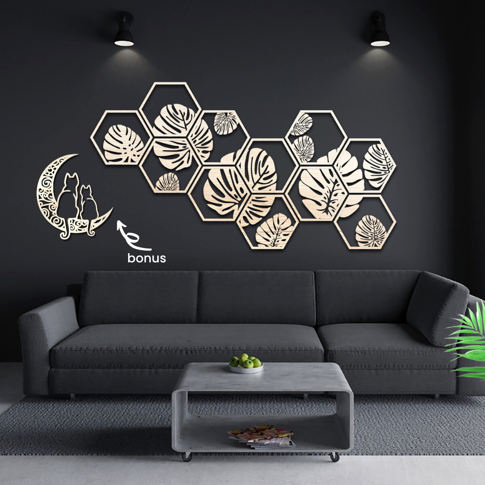 Dekorasi Dinding Kayu Classic Monstera Hexagonal 1.4m Hiasan Ruang