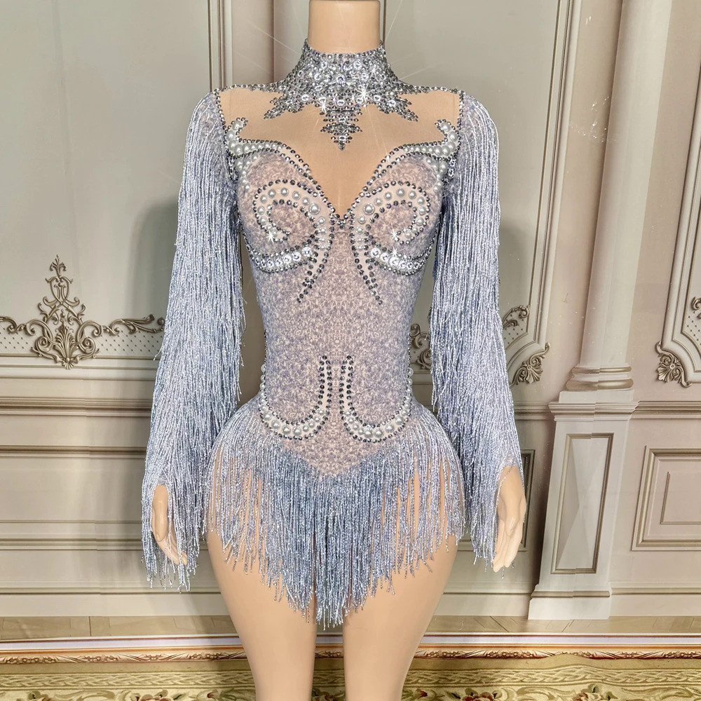 Sparkly Rhinestones Long Sleeve Fringes Bodysuit Women Sexy Mesh Performance Dance Costume Nightclub