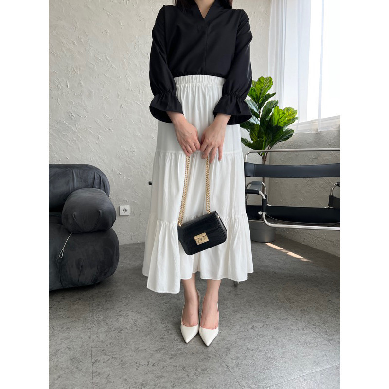 Ekouaer Helen Ruffle Skirt ,Rok Korean Style,Rok Plisket Premium,Rok Tutu,Rok Putih,Midi Skirt