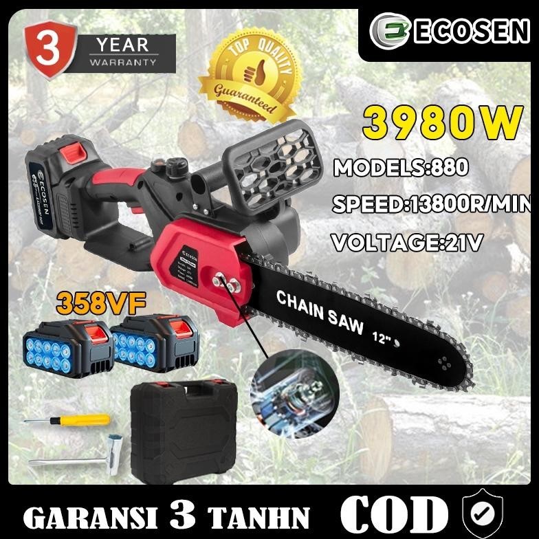 {BARU} ECOSEN 12 Inch Portable GenggamLithium Chain Saw tanpa kabel dayatinggi gergaji kayu Gergaji 