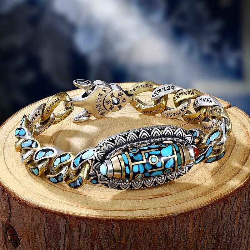 Gelang Manik Dzi Batu Pirus Alami Berkualitas Tinggi dalam Perak Sterling – Jimat Keberuntungan Pria