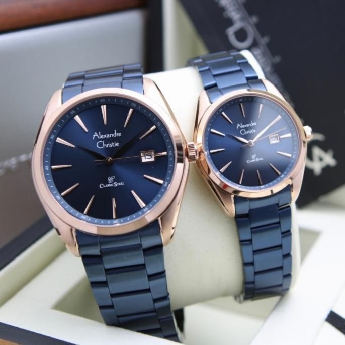 Jam Tangan Couple Alexandre Christie Original AC8658 Blue Rosegold