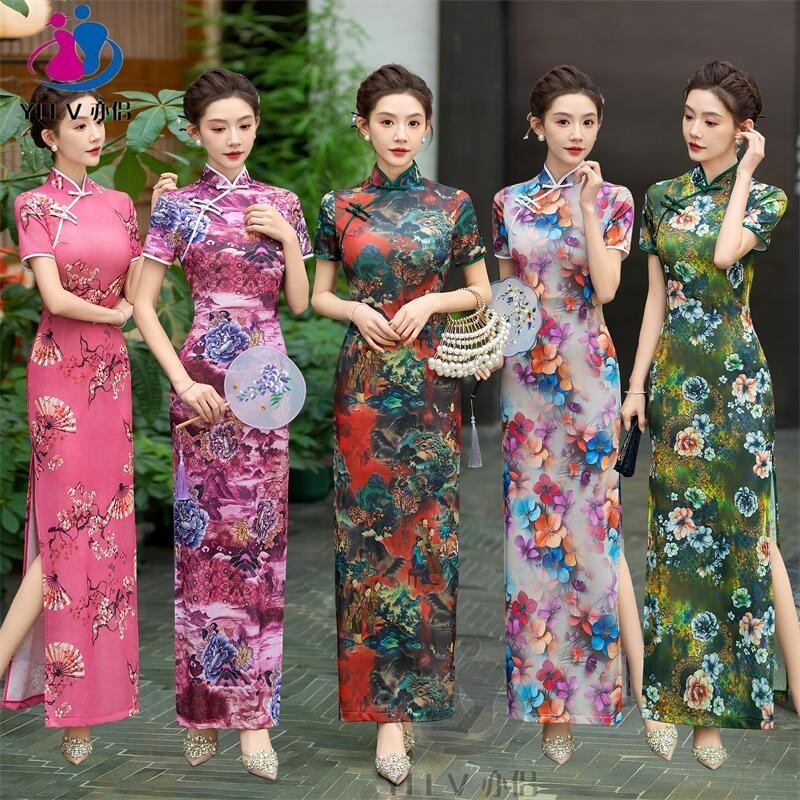 Gaun Cheongsam Panjang untuk Wanita, Gaun Cheongsam Peningkatan Baru Lengan Pendek Modis