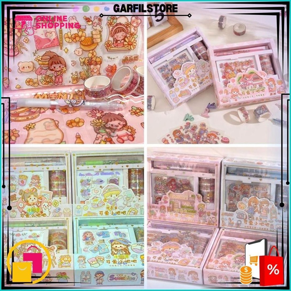 

(Perbox) Stiker Roll Korea 2D Set Box Roll + Washitape + Pen / Sticker Roll Korea 2D / Washitape Viral Gratis Ongkir