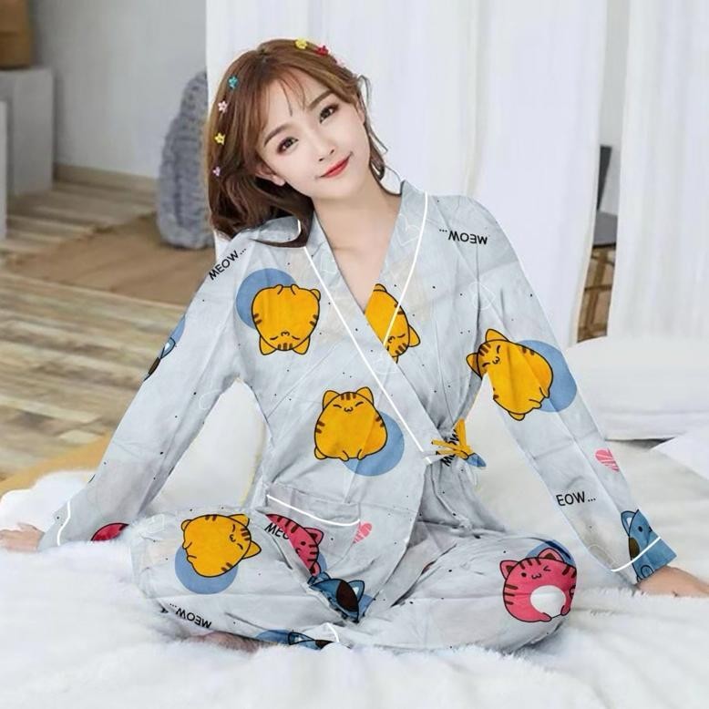 Kekinian Baju Tidur Kimono/Set Kimono Wanita Terbaru/Kimono Lengan Panjang Katun/Pp Kimono Sale
