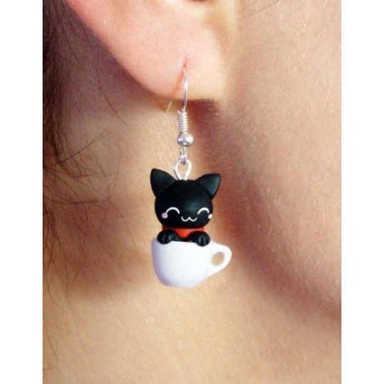 giwang gantung silver anting hoops kucing handmade clay tassel xuping