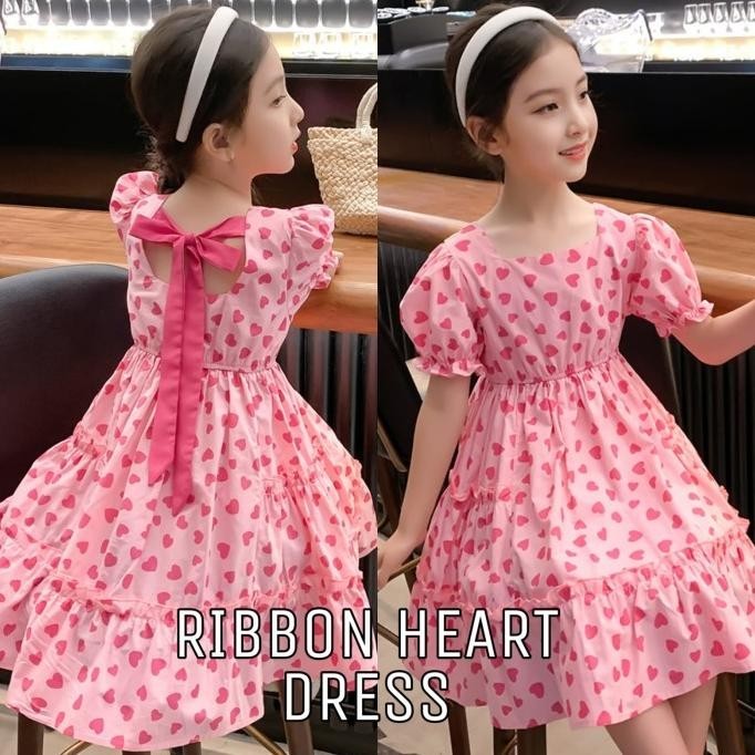 BAJUKIDDIE LOVE HEART DRESS PINK BAJU DRES CASUAL ANAK CEWEK KOREA