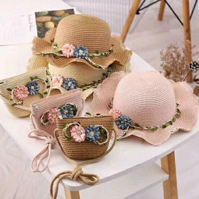 Topi Pantai Anak + Tas 1 Set Motif Bunga Jerami Rajut Korea Import