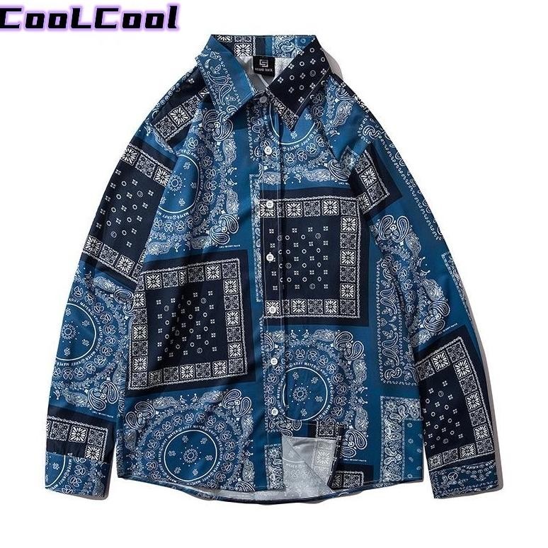 Baju Kemeja Tactical Pria Lapangan Outdoor 20Sosok Geometris Biru Aesthetic Men Long Sleeve Shirt Ov