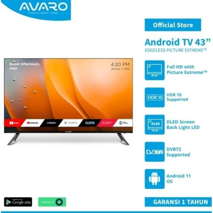 [Ready] Smart Tv - Avaro Android Tv 43" Fhd Garansi Resmi