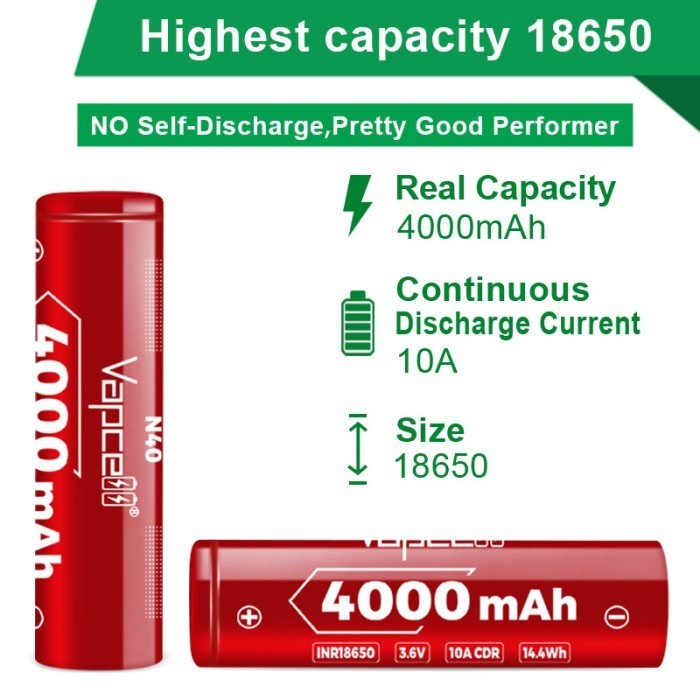 Baterai 18650 Vapcell N40 - 4000 Mah 10A