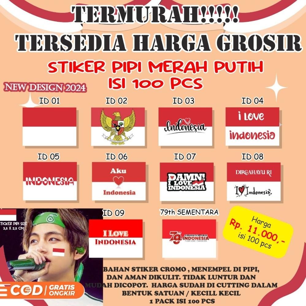 

''Terlaris" [100 Pcs] Sticker / Stiker Bendera Tempelan Pipi Bendera Merah Putih Murah