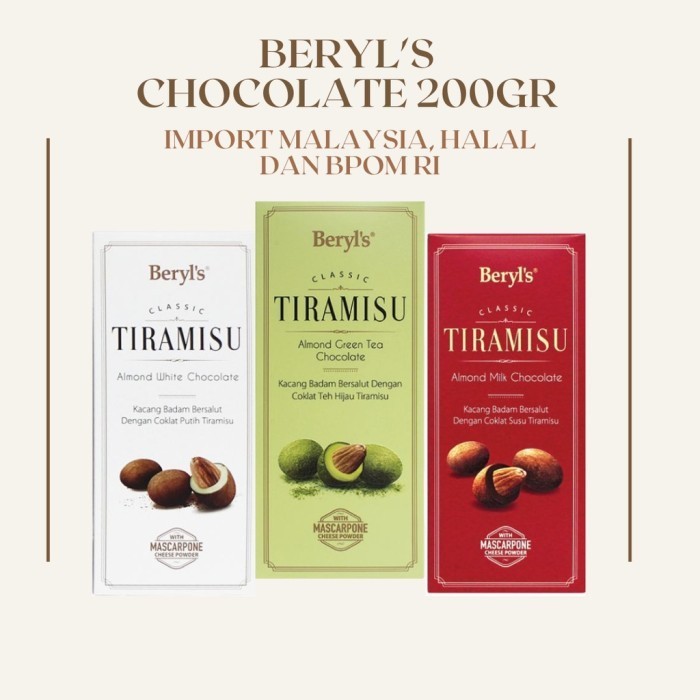 

Ready 200Gr Beryl 'S Tiramisu Chocolate Almond /Coklat Almond Beryls Import