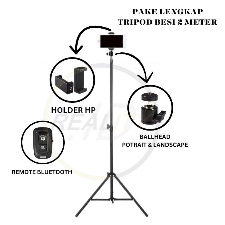 Flashsale [Paket] Tripod Hp Kamera 2 Meter Plus Remote Bluetooth Free Ballhead Holder Handphone Toms