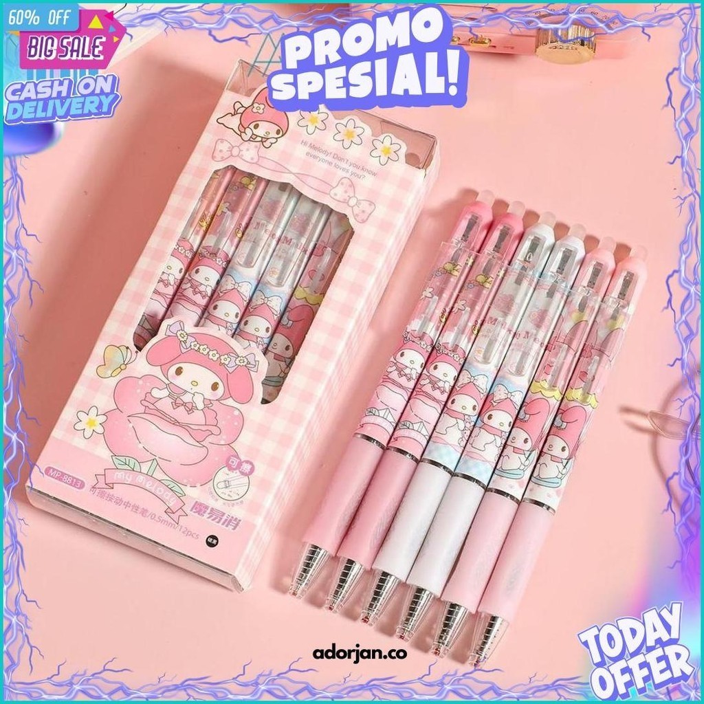 

(Krmi) (12Pcs) Gelpen Pen Jel Cetak Bisa Hapus Tinta Hitam Bolpoin Gel Erasable Kuromi Black 0.5Mm Pulpen Gel Bisa Di Hapus