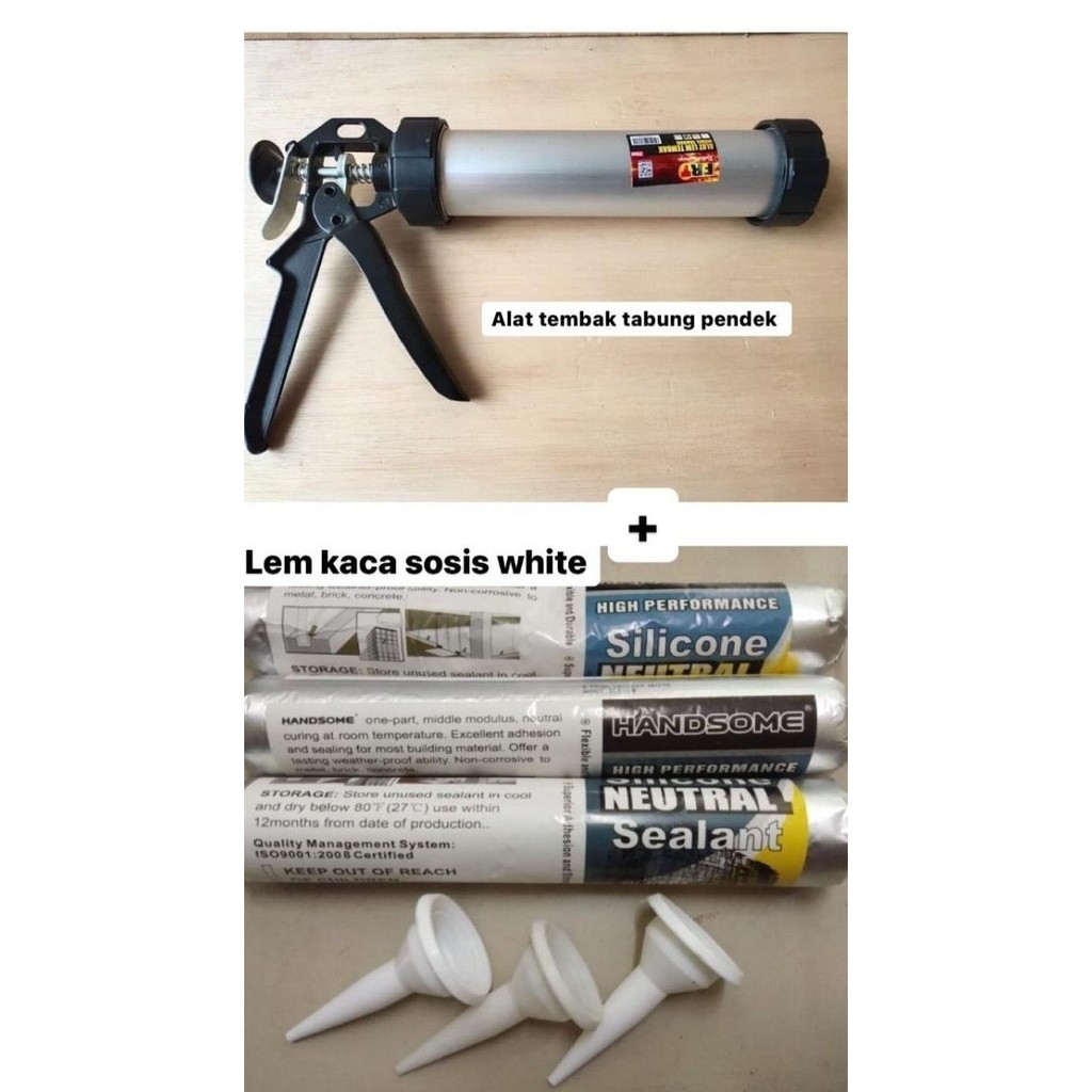 [ Dss ] Paket Alat Tembak Lem Kaca Aquarium + Lem Kaca Sosis White Sausage  Ready