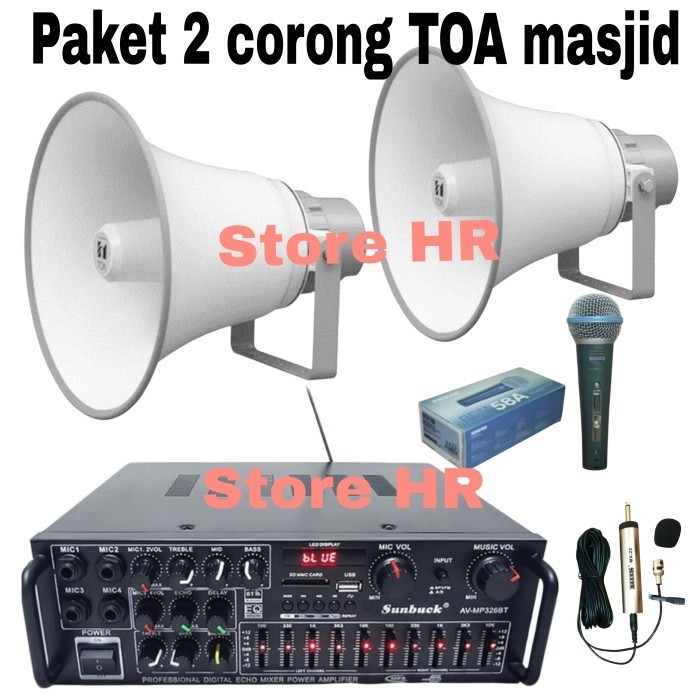 Corong Toa Masjid 50 Watt 2 Pcs Ampli Bluetooth Mic Imam Mic Azan