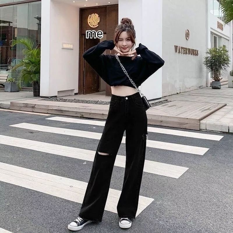 Ripped Jenas Wanita Kulot Jeans Sobek Lutut Celana Kulot Jeans Sobek Tembus