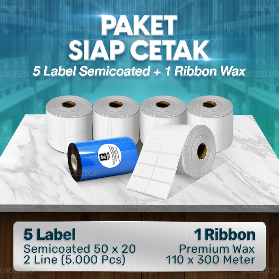 

Paket Sticker Label Siap Cetak | 5 Label Semicoated 50x20 & 1 Ribbon Premium Wax 110x300 M