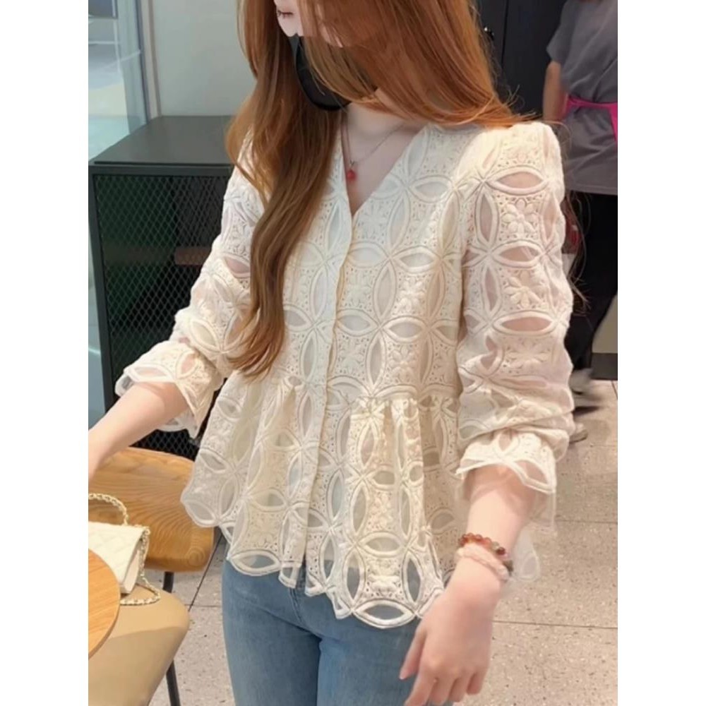 Atasan Lengan Panjang Motif Bunga, Baju Atasan Lengan Panjang Leher-v Motif Bunga, Baju Elegan
