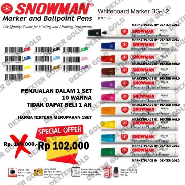 

Sarila Snowman Spidol Whiteboard Warna 1Set (10 Warna) Spidol White Board